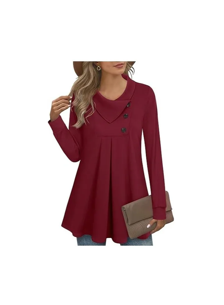 Women's Long Sleeve Button Lapel Pullover Tunic Swing Sweatshirt