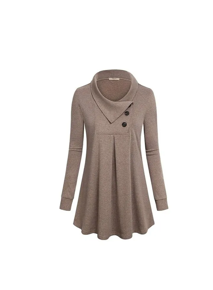 Women's Long Sleeve Button Lapel Pullover Tunic Swing Sweatshirt