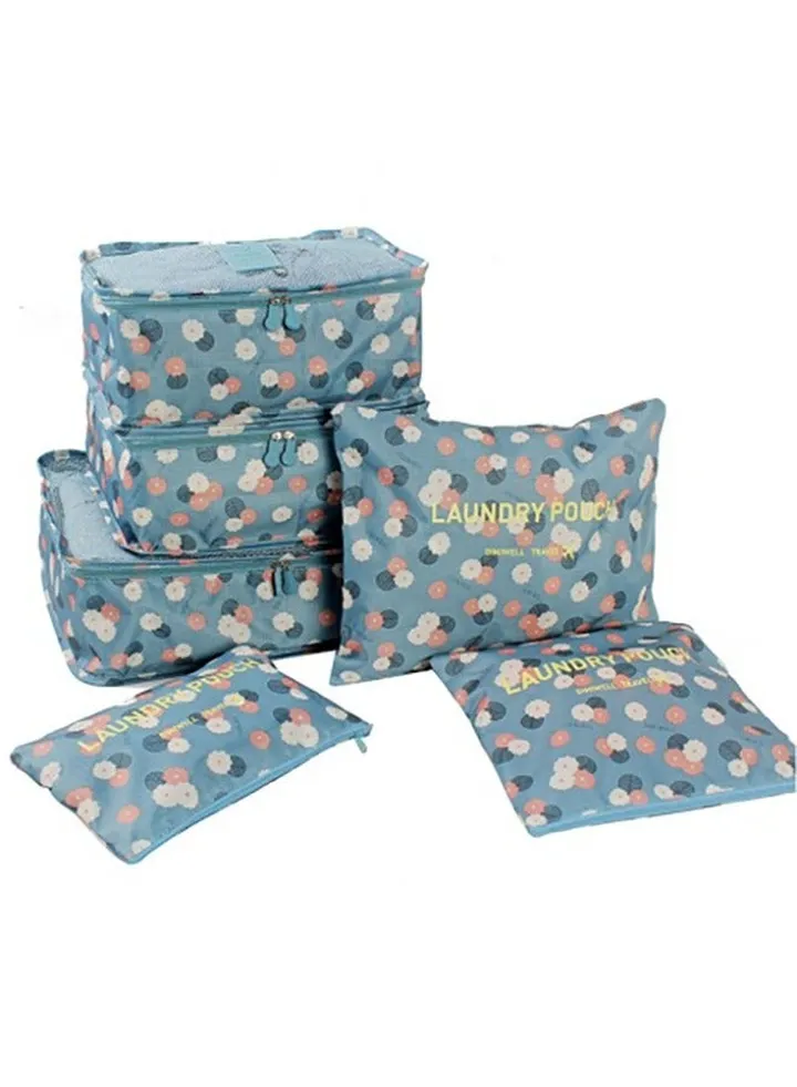 6PCS Set Travel Luggage Organizer Packing Cubes Set Storage Bag Waterproof Laundry Bag Traveling Accessories - Blue Flowers