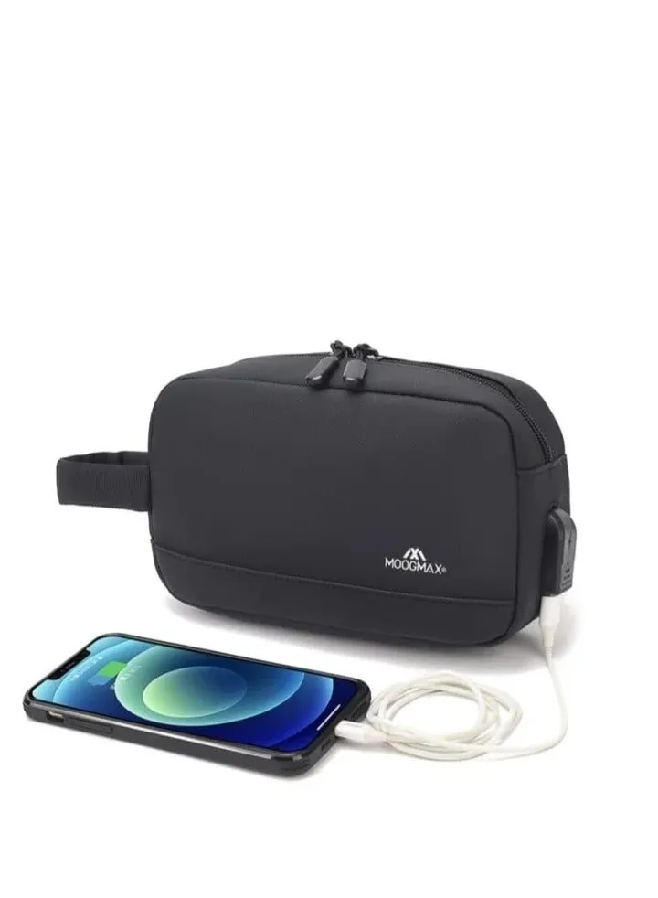 Waterproof handbag with a USB port and ample space for storage and a handle for carrying - made of waterproof fabric, suitable for carrying a mobile phone, cards, cosmetics, and personal items. Black