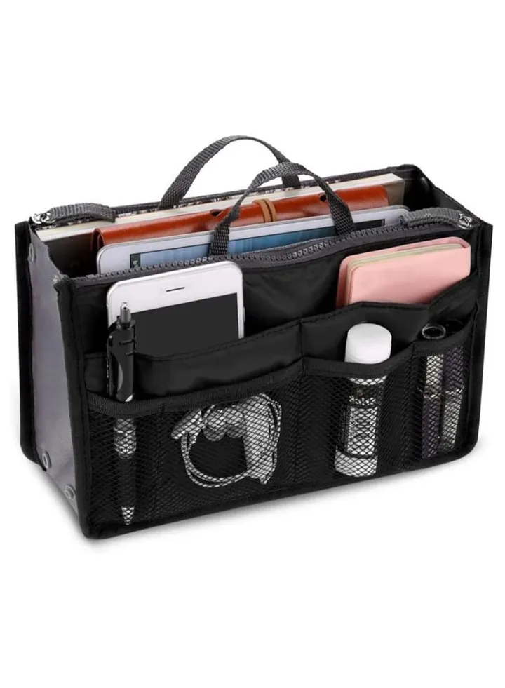 Handbag Organiser 13 Pocket Insert Expandable Liner Bag Pouch Zipper Closure Tote Cosmetic Travel Bags with Handle Large Capacity Purse Organizer