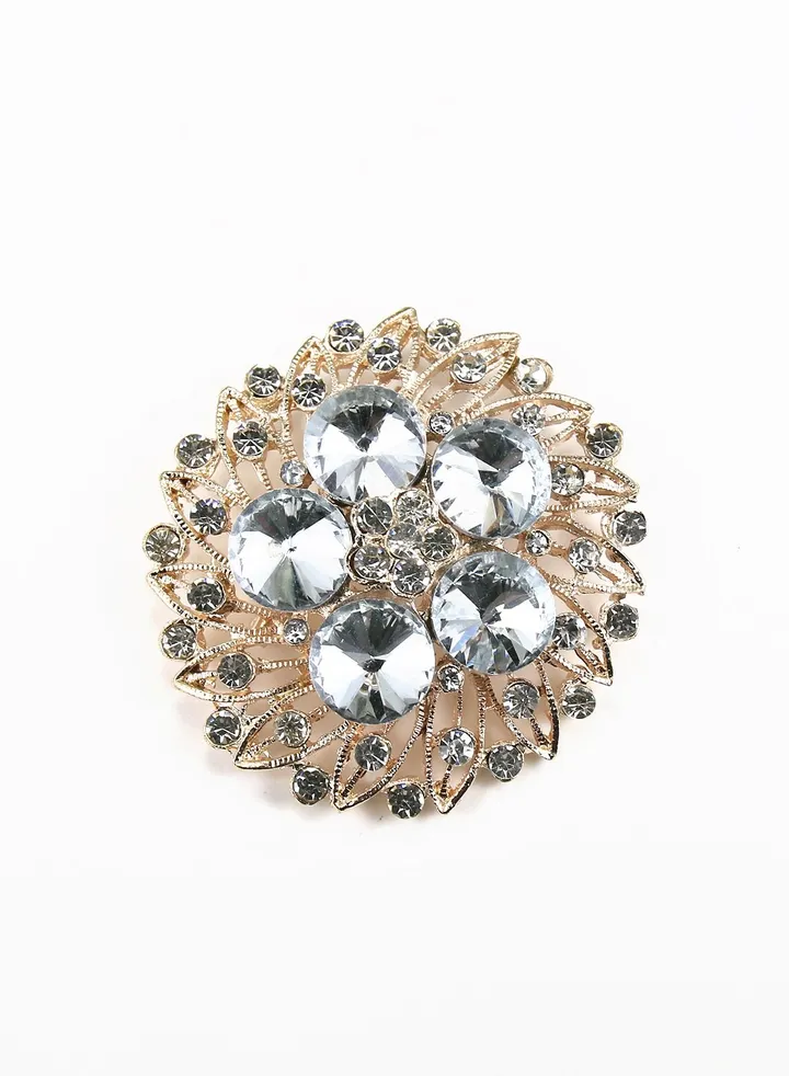 Gold Round Rhinestone Brooch