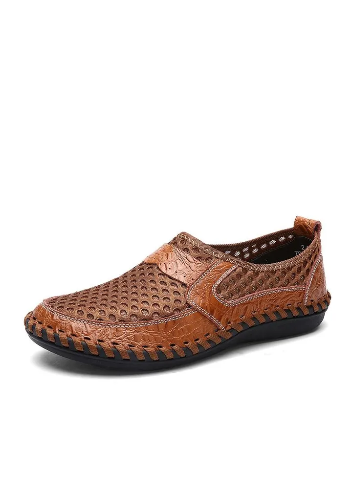 Men's Mesh Leather Crocodile Pattern Mesh Shoes Casual Shoes Brown