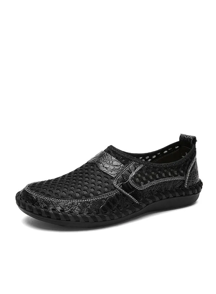 Men's Mesh Leather Crocodile Pattern Mesh Shoes Casual Shoes Black