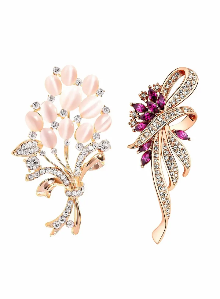 Brooches for Women, Set of 2 Rhinestone Brooch Pins, Elegant Gold Crystal Floral Wedding Bouquet