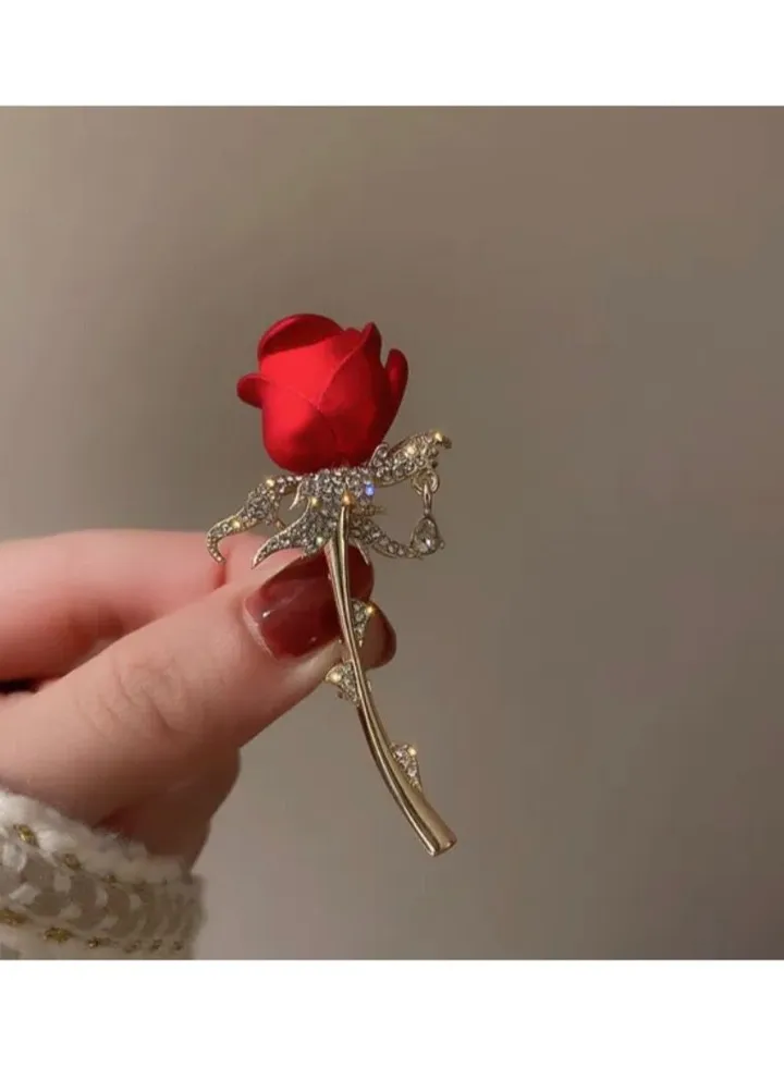 Gold & Red Flower Brooch For Women