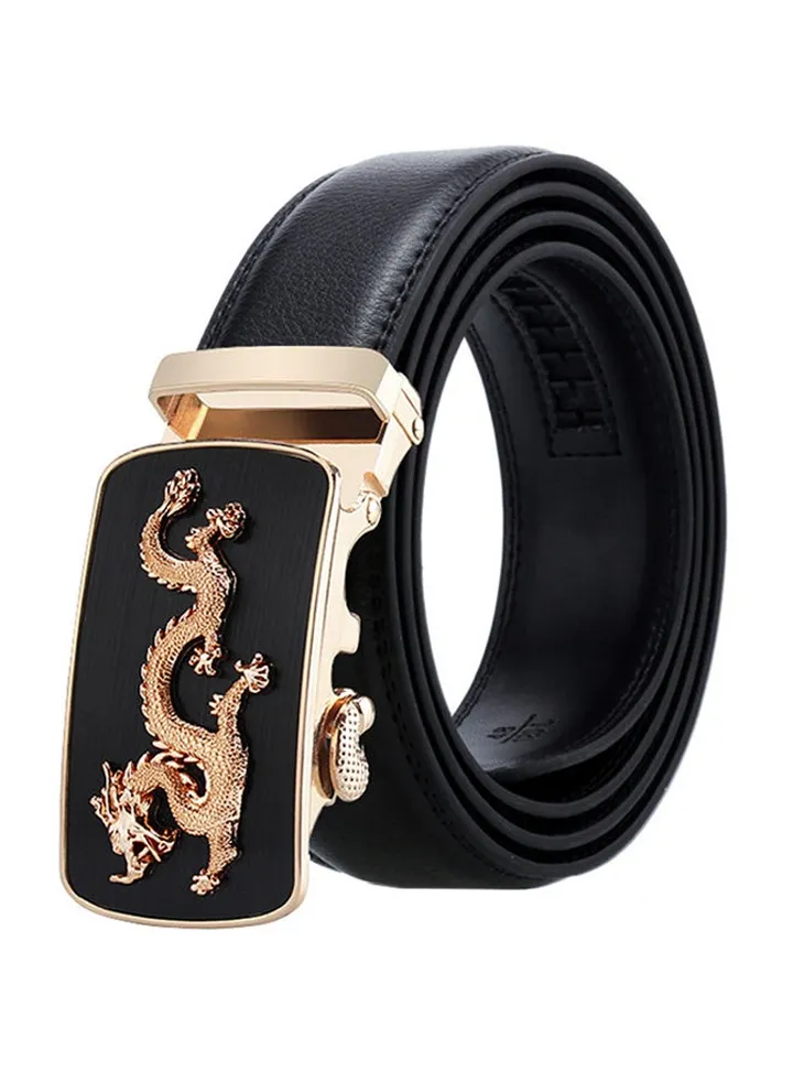 Genuine Leather Belt With Automatic Locking Buckle Black/Gold
