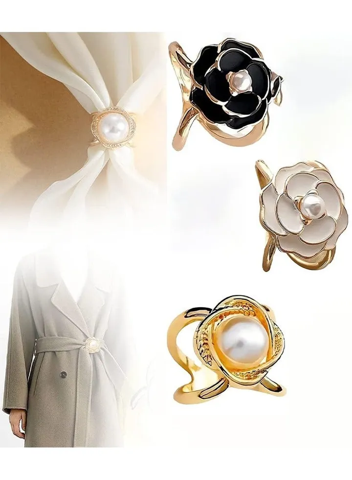 3 PCS Pearl Brooch, Fashion Metal Shawl Clip Buckle, Camellia Flower Scarf Buckle, Perfectly Complementing Scarf Girls' Decoration Accessories