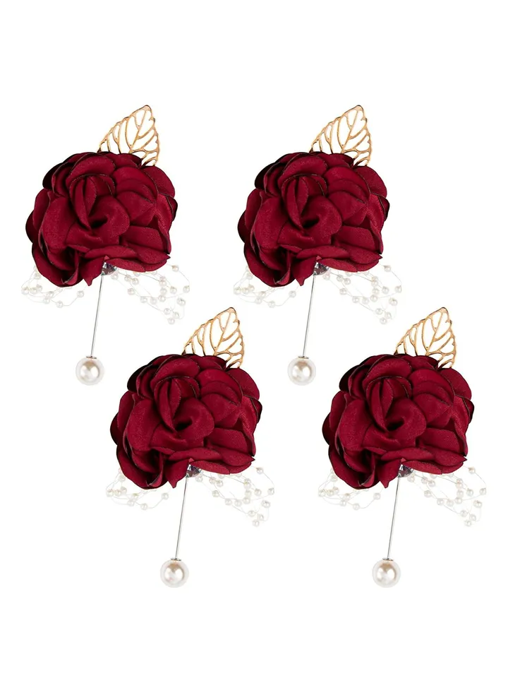 4 Pack Wine Red Rose Groom Flowers Boutonniere Pearl Groomsmen Brooch for Party Decoration Party Decoration