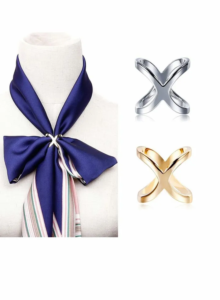 Fashion Scarf Ring Buckle Simple Modern Scarf X Shaped Clamp Clasp Clips Clothing Wrap Holder Decoration Accessories for Neckerchief Shawl (Gold+Silver) 2Pcs