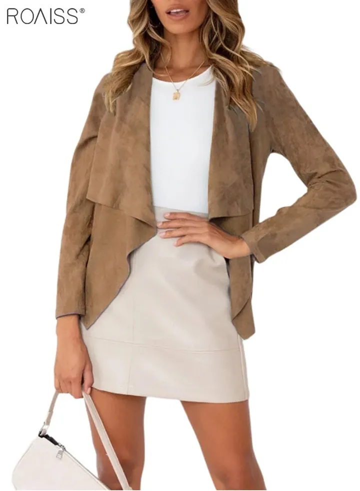 Women's Fashion Casual Suede Cardigan Lightweight And Soft Long Sleeved Top Irregular Hem Lapel Small Coat