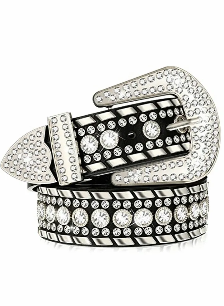 Locomotive Rivet Belt 105 cm Long Rhinestone Belt Western Cowgirl Bling Studded Stylish Artificial Leather Belt for Jeans Pants Diamond Inlaid Decorative Plate Buckle Solid Rivet Copper Buckle Belt