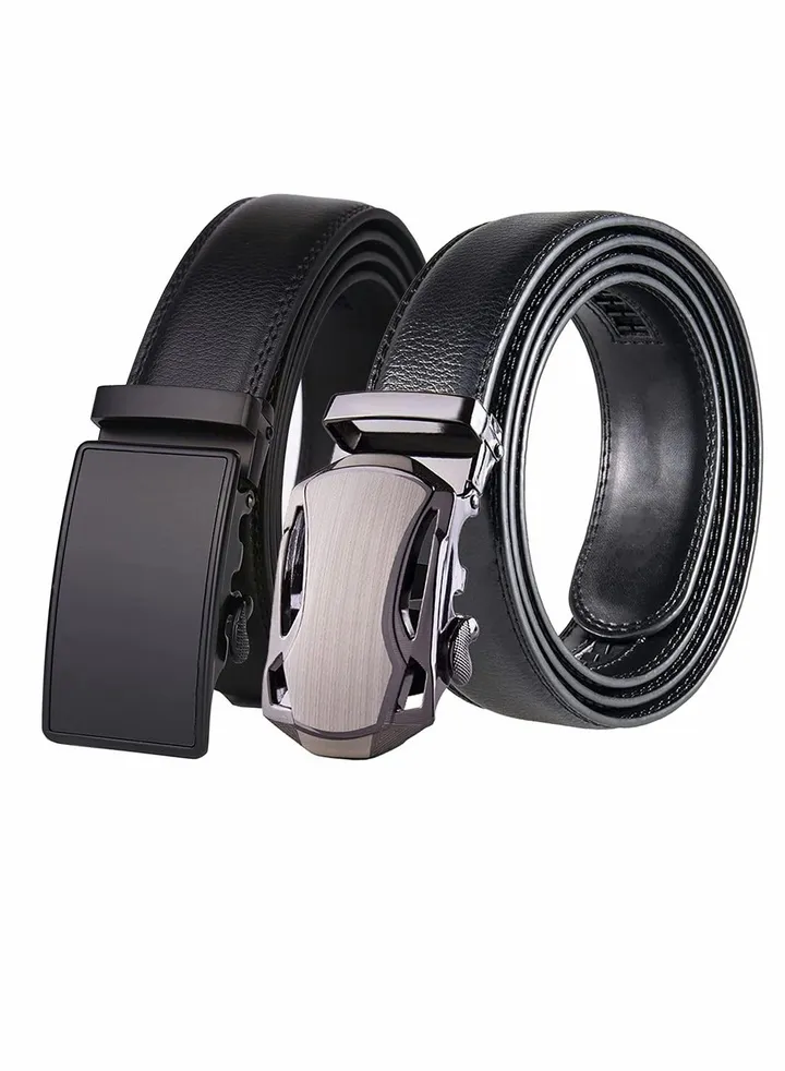 Men's Belt, Leather Ratchet Dress Belt, Belt Adjustable Sliding Buckle, Automatic Buckle (2 PCS)