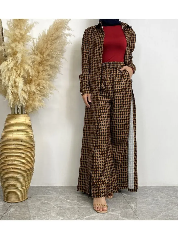2-Piece Fashion Printed Satin Button Long Cardigan Pocket Pants Set Dark Brown