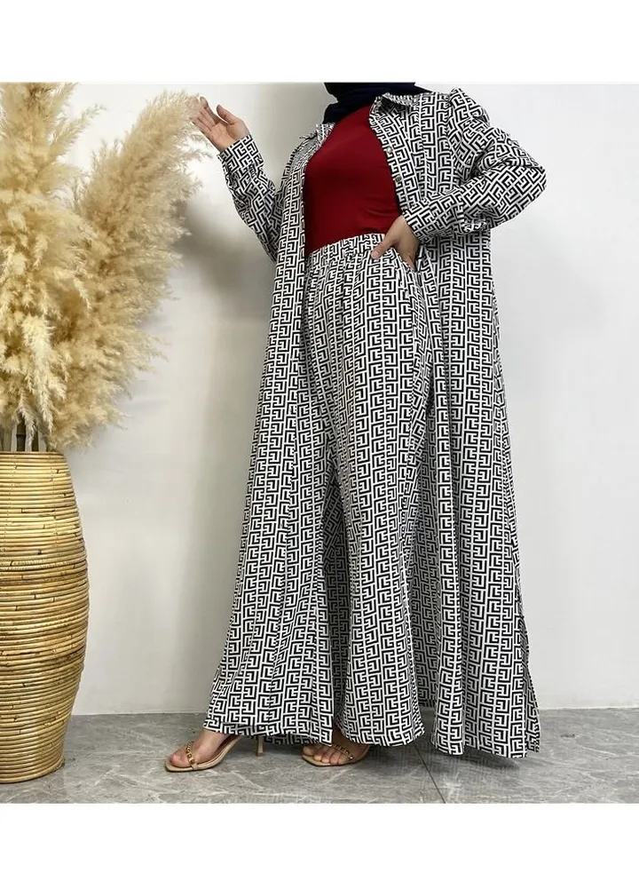 2-Piece Fashion Printed Satin Button Long Cardigan Pocket Pants Set White