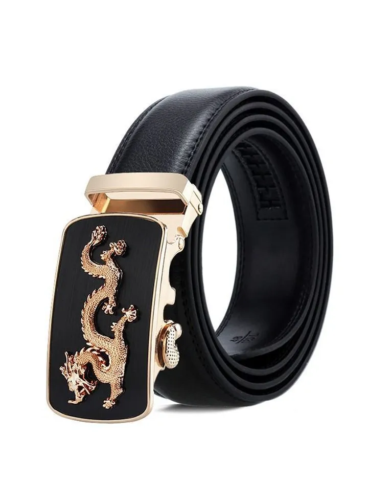 Genuine Leather Belt With Automatic Locking Buckle Black/Gold