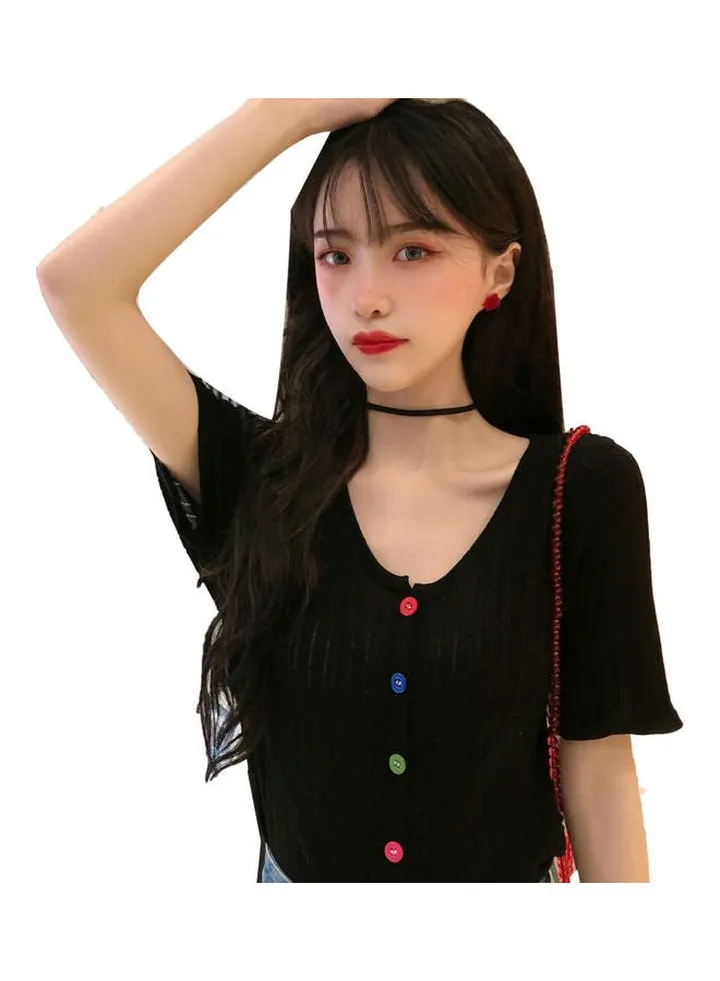 Women Ribbed Thin Blouse Black