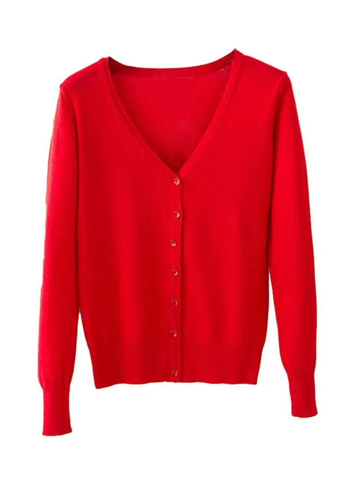 Solid Long Sleeve Cardigan Red