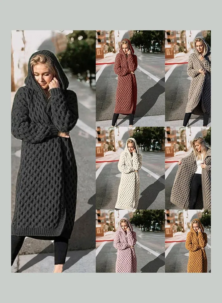 Thicken Knitted Sweater Cardigan Long Hooded Coat Khaki