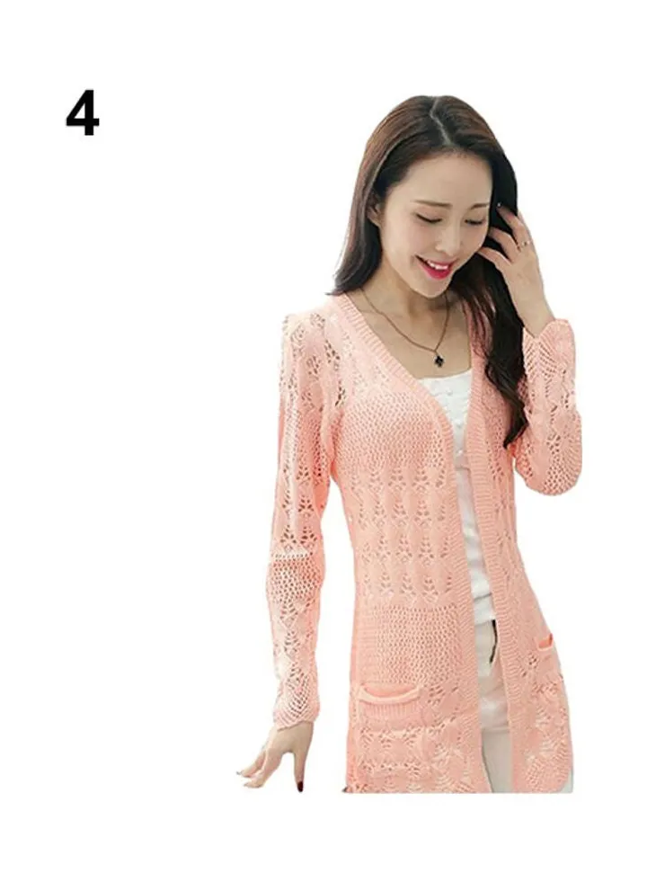Fashion Women Sweet Long Sleeve Hollow Cardigan Knit Tops Knitwear Coat Outwear Pink