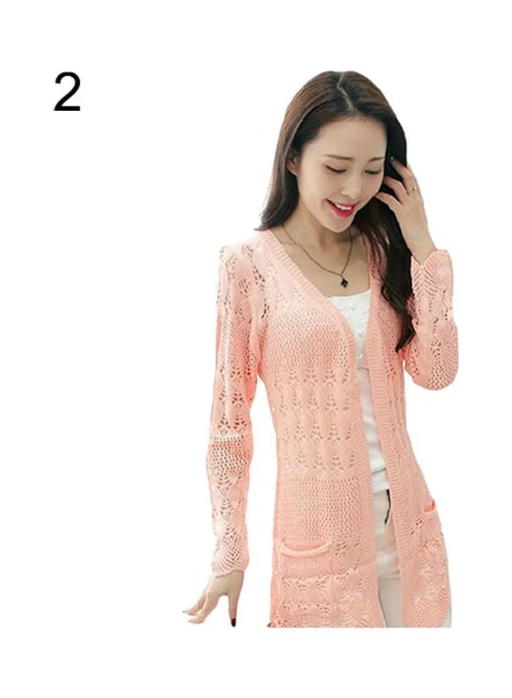 Women Koren Style Cardigan Knitwear Hollow Long Sleeve Casual Outwear Tops Pink
