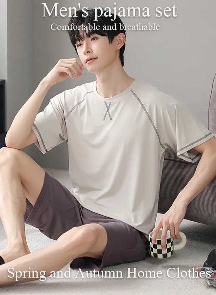 Men's Pajama Sets 2Pcs Sleepwear Pajamas Set Short Sleeve Lounge Pjs Set Short-Sleeved T-Shirt Short Pants Male Loose for Loungewear Sleepwear with Pockets