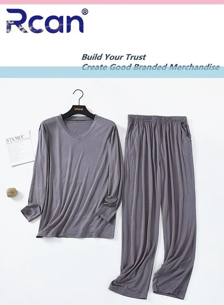 2 Piece Men's Modal Loose Pajamas V Neck Short Sleeves Sleepwear Loungewear Soft Elastic T-Shirt Top and Pants Set Plus Size Suitable for Spring Summer and Autumn