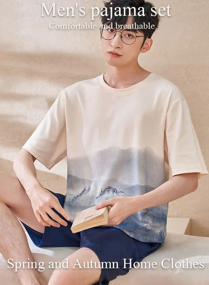 Men's Soft Pajamas Set 2 Piece Cotton Sleepwear Short Sleeve Crewneck Top and Shorts Loungewear Summer Sleepwear Set Home Wear