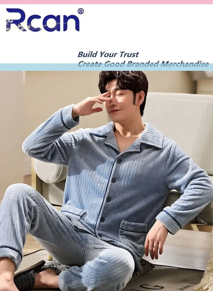 2 Piece Flannel Men's Pajamas Soft Padded Lapel Cardigan Adjustable Button Belt Pockets Wear Out Casual Men's Nightclothes Home Spa Sleepwear