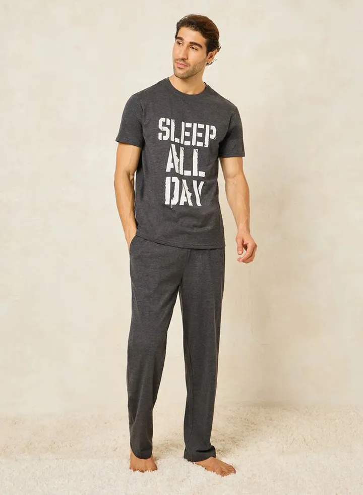 Slogan Print Crew Neck T-Shirt & Open Hem Pyjama Set