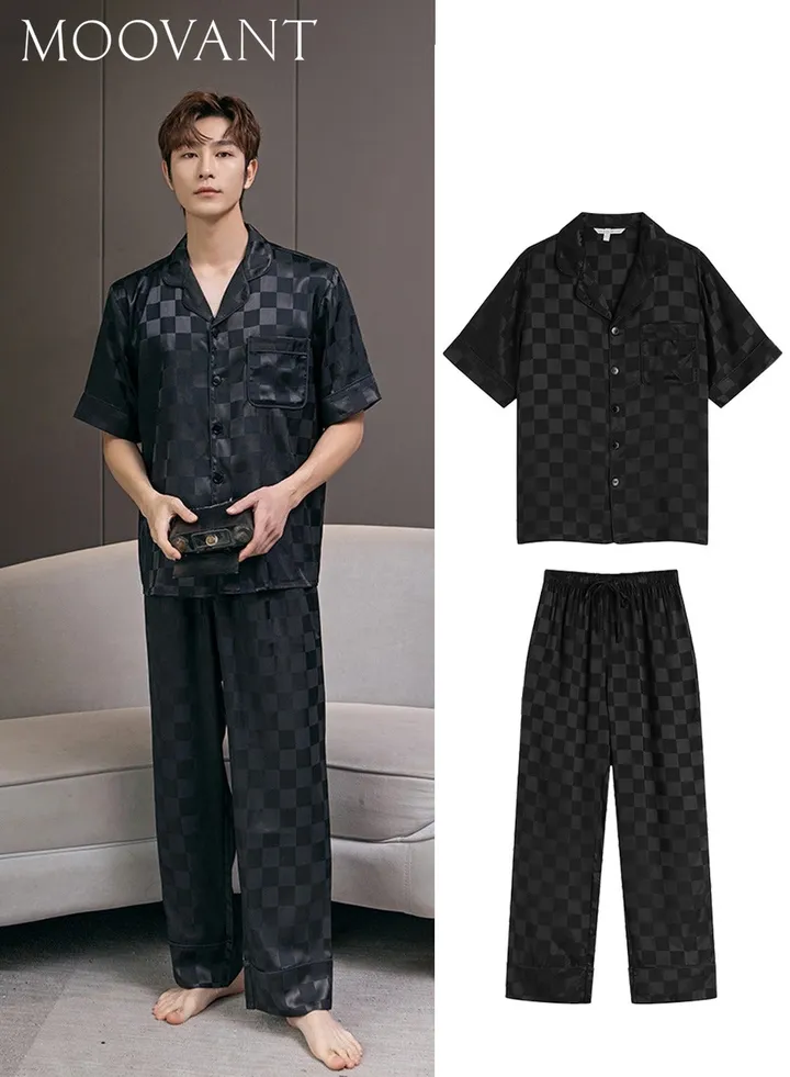 2 Pieces Men's Pajamas Set Lapel T-shirt + Long Pajama Pants Set Stylish Plaid Printing Home Clothes Silk Sleepwear Loose Loungewear Black