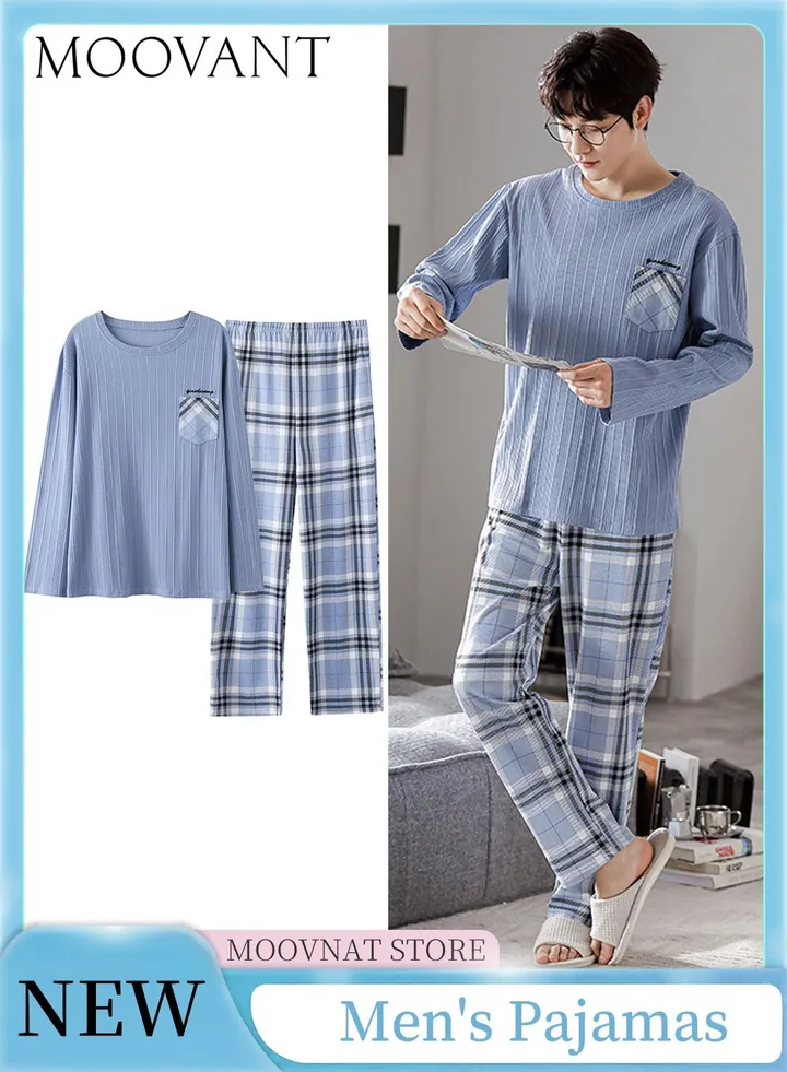 2-Piece Men's Long-sleveed Pajamas Set Simple Long Sleepwear Suit Soft Skin-friendly Home Men Pyjamas Set Loose Comfortable Loungewear Light Blue