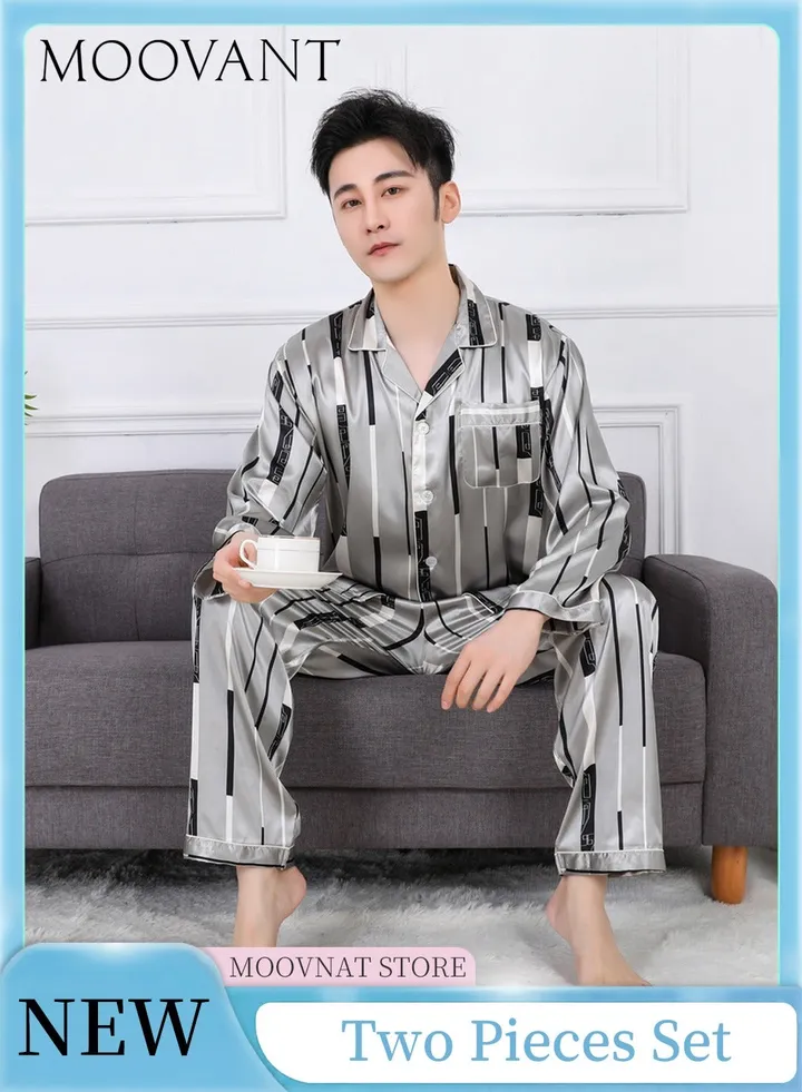 2-Piece Pajamas Set Casual Unisex Silk Satin Long Sleeve Pants Suit Sleepwear Fashion Striped Home Wear Clothes Loungewear Grey