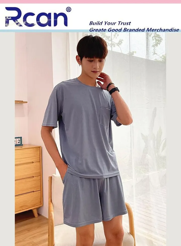 2 Piece Men's Ice Silk Thread Pajamas Stripes Round Neck Short Sleeves Sleepwear Home Elastic T-shirt Top and Pants Set Plus Size for Spa Vacation Travel