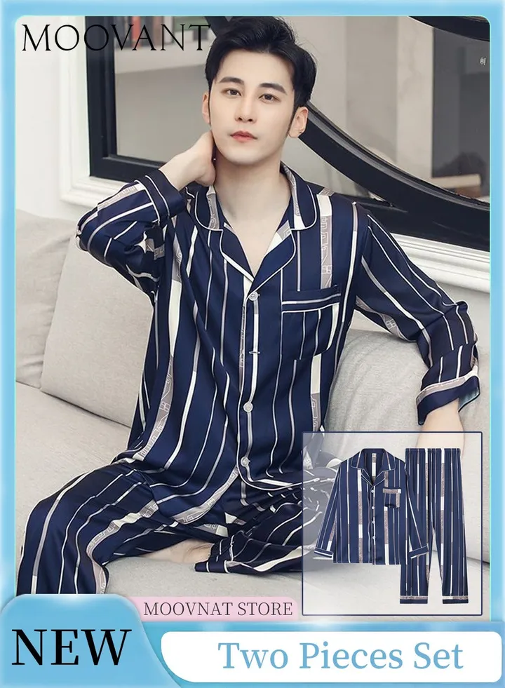 2-Piece Pajamas Set Casual Unisex Silk Satin Long Sleeve Pants Suit Sleepwear Fashion Striped Home Wear Clothes Loungewear Deep Blue