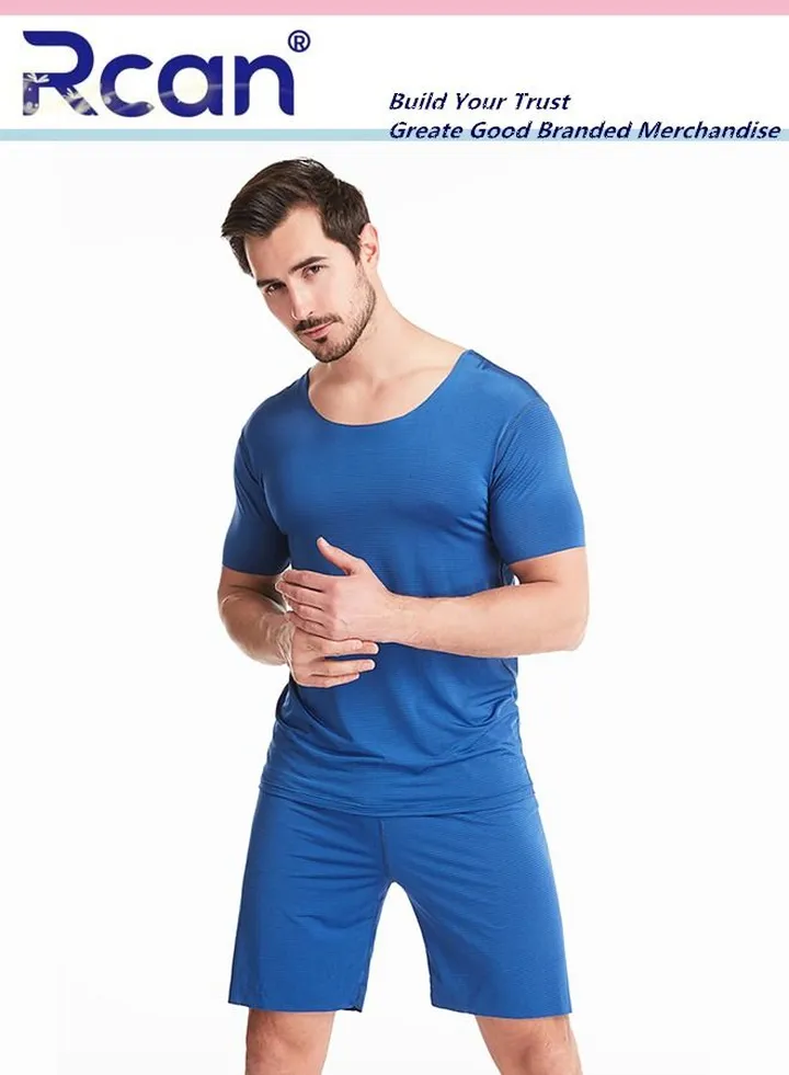 2 Piece Men's Pajamas Breathable Round Neck Short Sleeves Sleepwear Home Elastic T-shirt Top and Pants Set Plus Size for Sports Travel Indoor Fitness