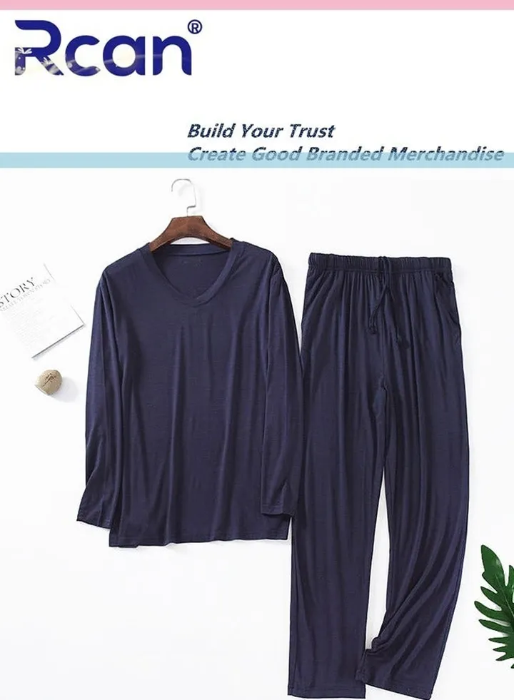 2 Piece Men's Modal Loose Pajamas V Neck Short Sleeves Sleepwear Loungewear Soft Elastic T-Shirt Top and Pants Set Plus Size Suitable for Spring Summer and Autumn