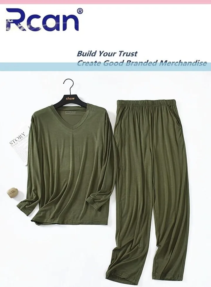 2 Piece Men's Modal Loose Pajamas V Neck Short Sleeves Sleepwear Loungewear Soft Elastic T-Shirt Top and Pants Set Plus Size Suitable for Spring Summer and Autumn