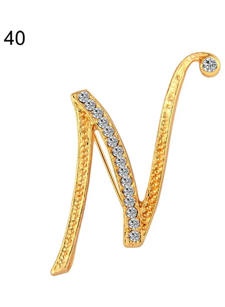 Rhinestone English Letters Alphabet N Brooch Pin