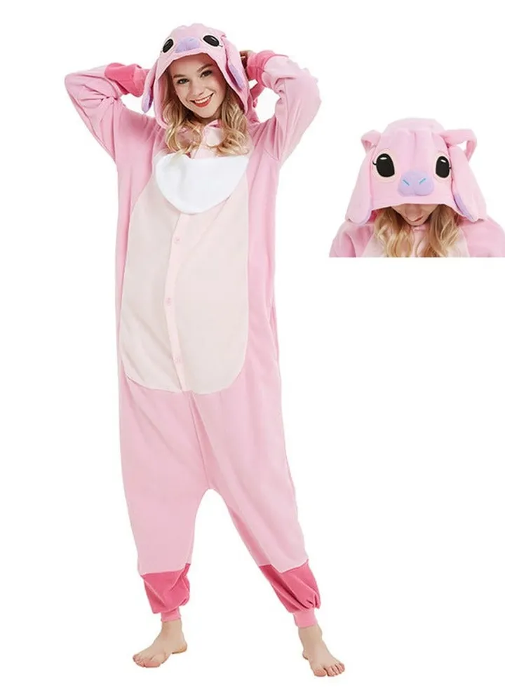 Polar Fleece Cartoon Animal One-Piece Pajamas Stitch Couple Home Clothes Stitch Cosplay Costumes (Pink)