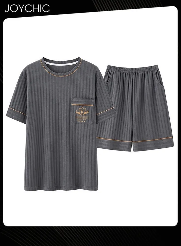 Mens Leisure Bedroom Sleepwear Summer Short Sleeved Pants Knitted Cotton Pajamas Set Youth Comfty Breathable Pullover Home Wear Grey