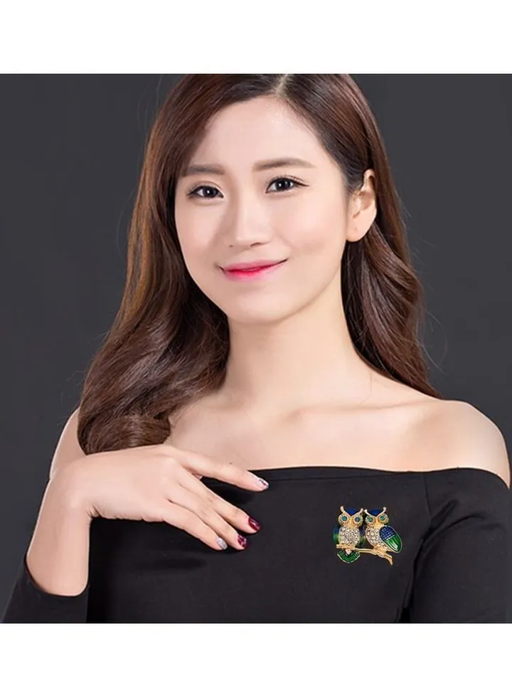 Cute Two Owl Shape Crystal Brooch Pin