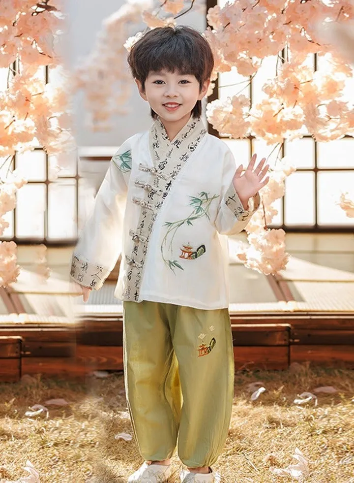 Boys' Hanfu Chinese Style Set Shirt Pants Two-piece Suits Spring And Autumn New Children's Tang Dynasty Fashion Clothes unisex