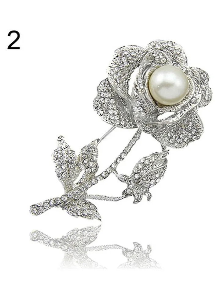 Rose Flower Faux Pearl Rhinestone Brooch Pin