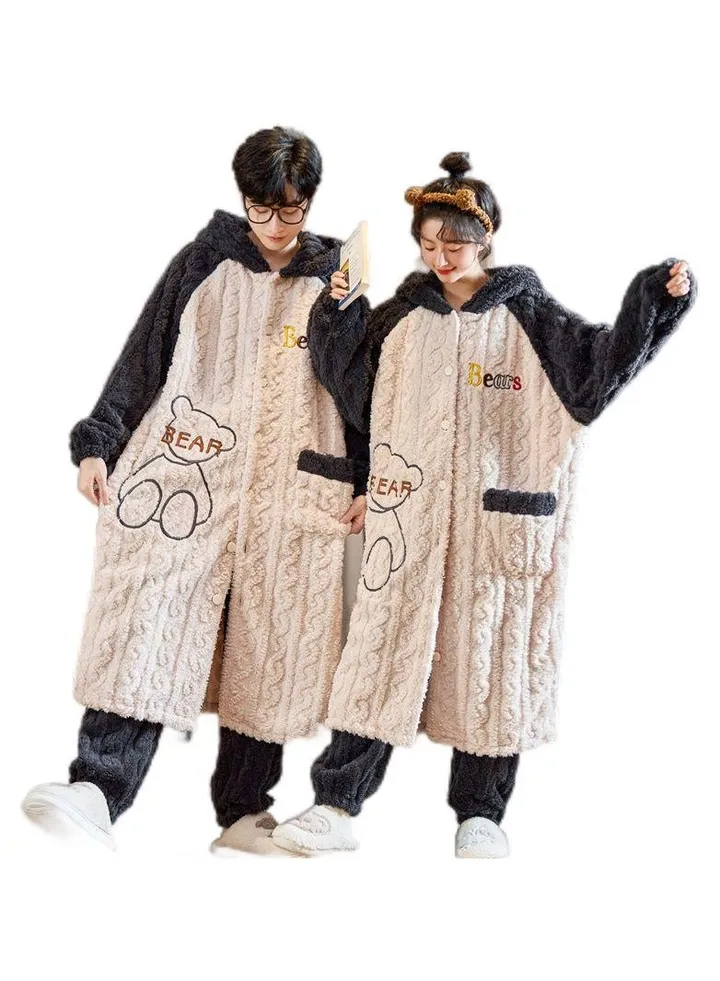 Sleeping gowns, long coral plush and plush, winter home wear for couples, worn externally