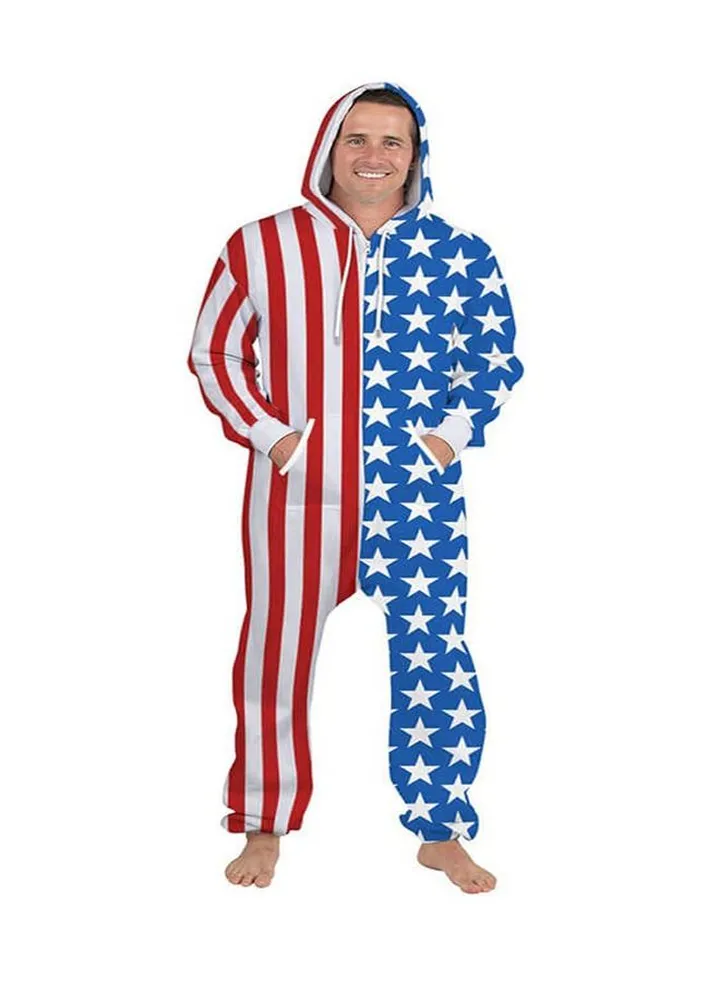 Comfy American Flag Adult Onesie Pajamas USA Patriotic Jumpsuit Clothing for Men L