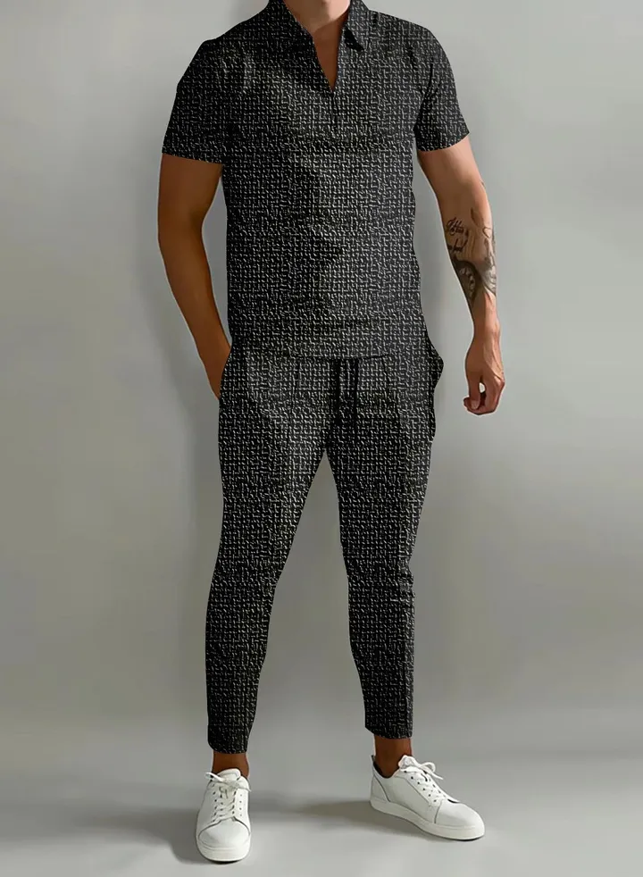 New Men's 3D Printed Gradient Short Sleeved Polo Pants Casual Two-Piece Set