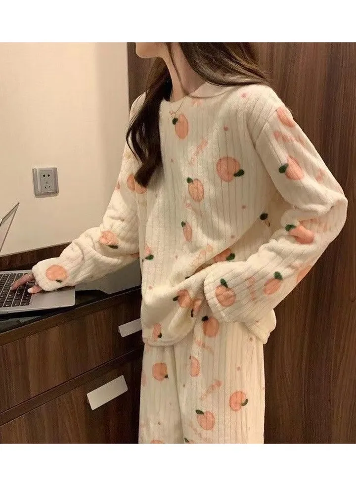 Winter women's coral velvet pajamas thickened loose casual home wear large size suit