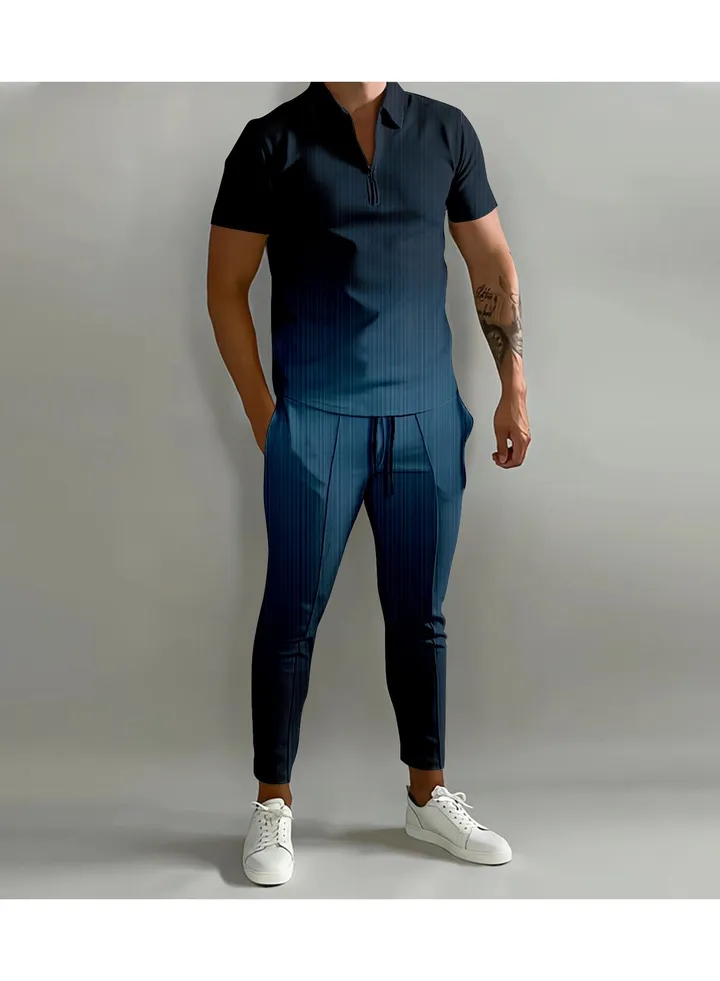New Men's 3D Printed Gradient Short Sleeved Polo Pants Casual Two-Piece Set