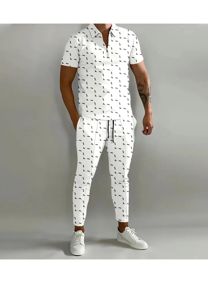 New Men's 3D Printed Gradient Short Sleeved Polo Pants Casual Two-Piece Set